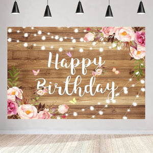 7x5ft Pink Floral Happy Birthday Backdrop Butterfly Wooden Floor Watercolor Flowers Girls Photography Background - Decotree.co Online Shop