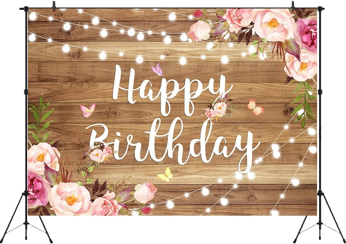 7x5ft Pink Floral Happy Birthday Backdrop Butterfly Wooden Floor Watercolor Flowers Girls Photography Background - Decotree.co Online Shop