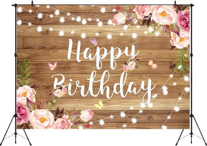 7x5ft Pink Floral Happy Birthday Backdrop Butterfly Wooden Floor Watercolor Flowers Girls Photography Background - Decotree.co Online Shop