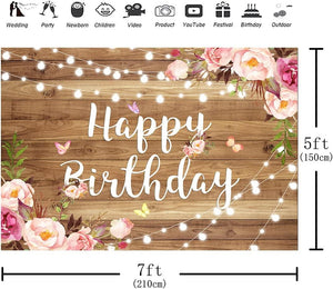 7x5ft Pink Floral Happy Birthday Backdrop Butterfly Wooden Floor Watercolor Flowers Girls Photography Background - Decotree.co Online Shop