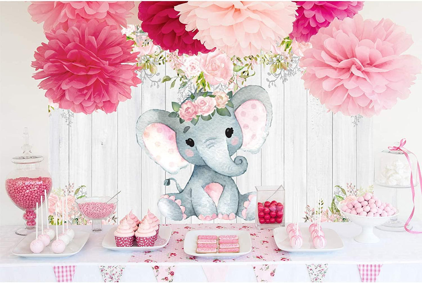 7x5ft Rustic White Wood Elephant Backdrop Supplies for Baby Shower Pink Floral It's a Girl Newborn Kids Birthday Party Decorations - Decotree.co Online Shop