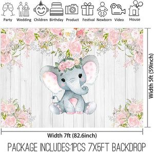 7x5ft Rustic White Wood Elephant Backdrop Supplies for Baby Shower Pink Floral It's a Girl Newborn Kids Birthday Party Decorations - Decotree.co Online Shop