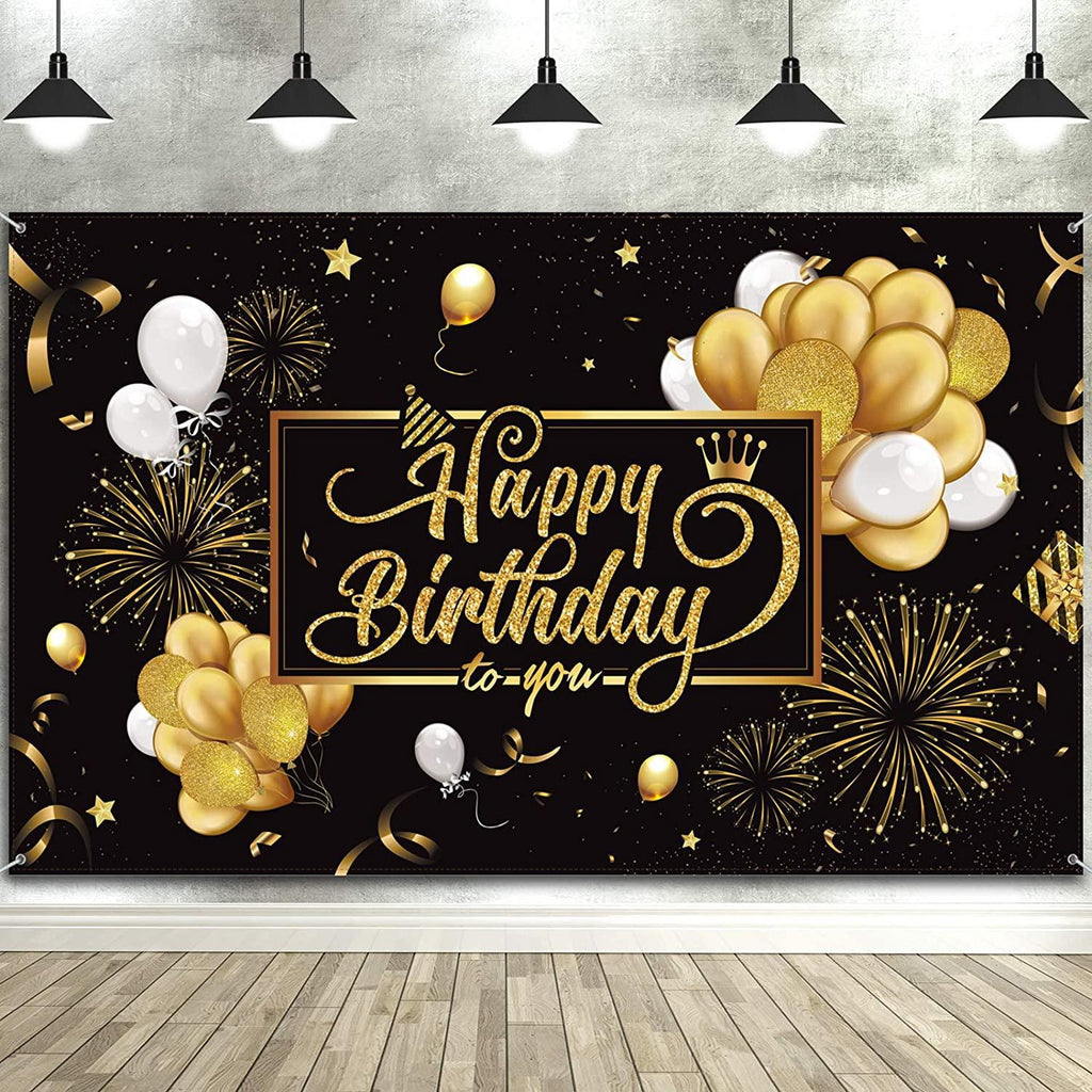 Happy Birthday Backdrop Banner Black and Gold Sign Poster Large Fabric Glitter Balloon Fireworks Sign - Decotree.co Online Shop