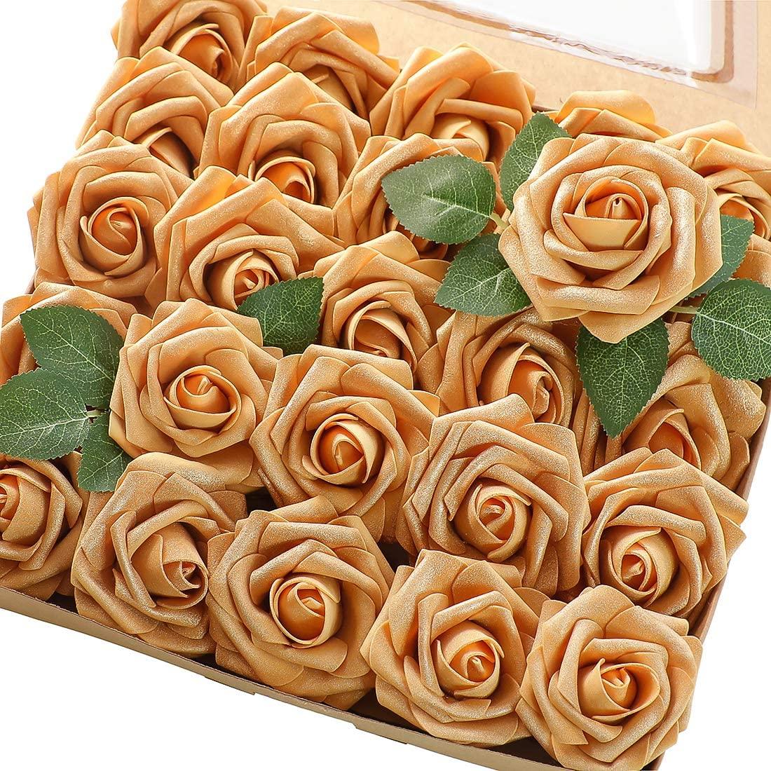 Real Looking Gold Foam Fake Roses with Stems for DIY Wedding Bouquets - Decotree.co Online Shop