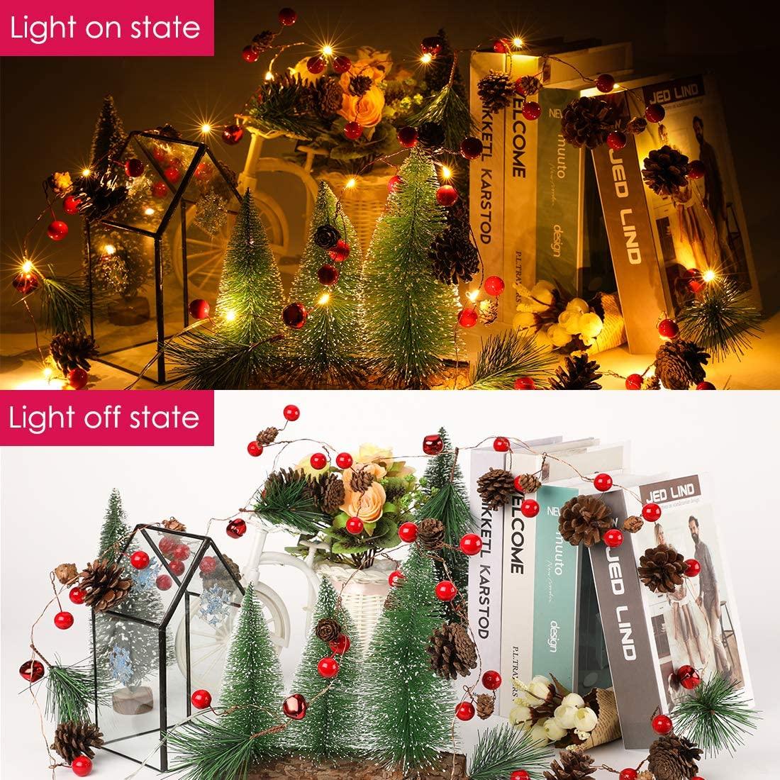 6.5FT 20 LED Christmas Garland with Lights, Red Berry Pine Cone Garland Lights Battery Operated - Decotree.co Online Shop