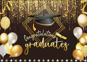 2023 Class Graduation Photography Backdrop Black and Gold Cap Balloon Grad Congrats Party Banner Background - Decotree.co Online Shop