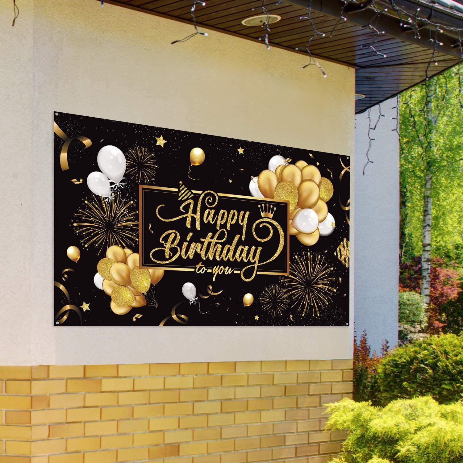Happy Birthday Backdrop Banner Black and Gold Sign Poster Large Fabric Glitter Balloon Fireworks Sign - Decotree.co Online Shop