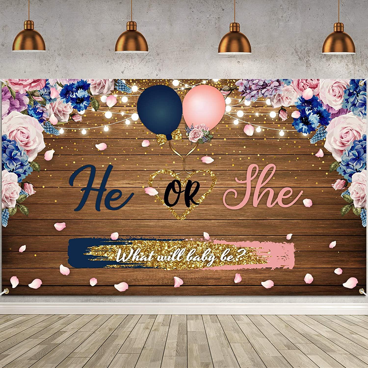 Gender Reveal Decorations Backdrop Banner He or She What Will Baby be Wooden Baby Gender Photography Background - Decotree.co Online Shop