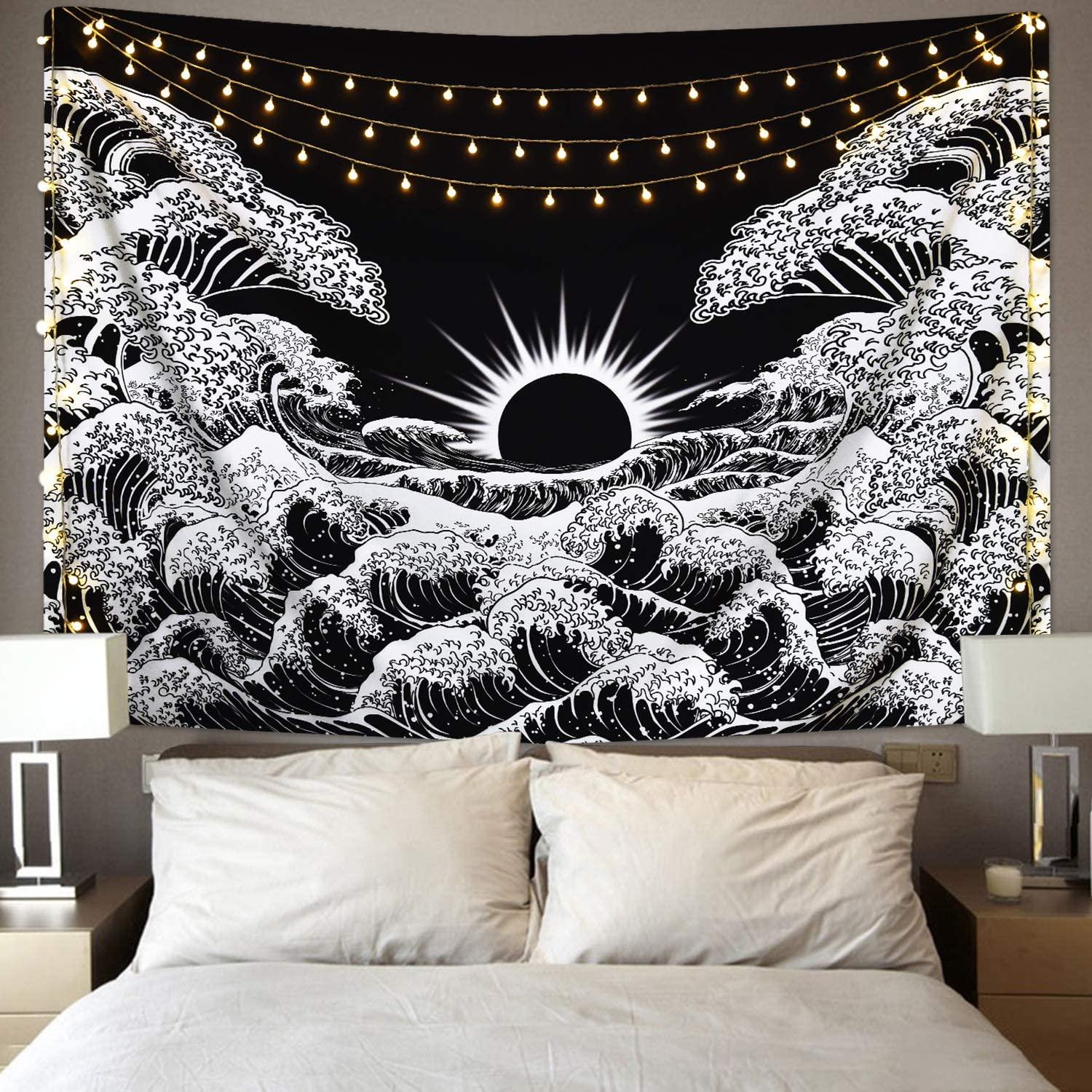 Great Wave Tapestry Sunset Tapestry Ocean Wave Tapestry Black and White Tapestry Wall Hanging for Room(59.1 x 59.1 inches) - Decotree.co Online Shop