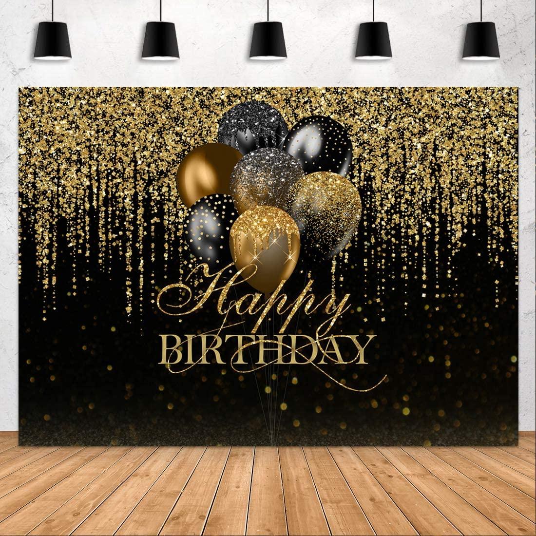 7x5ft Happy Birthday Backdrop Glitter Black and Gold Balloons Photography Background - Decotree.co Online Shop