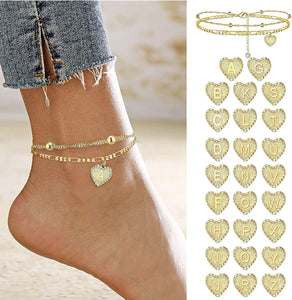 1PCS Heart Initial Ankle Bracelets for Women Gold 26 Letters Love Anklet Women's Foot Chain Heart-Shaped Double-Layer Anklet Bracelets for Women - Decotree.co Online Shop