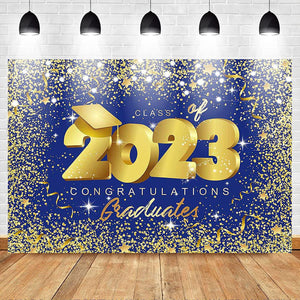 Class of 2023 Backdrop Royal Blue and Gold Glitter Congrats Grad Party Photo Backdrops - Decotree.co Online Shop