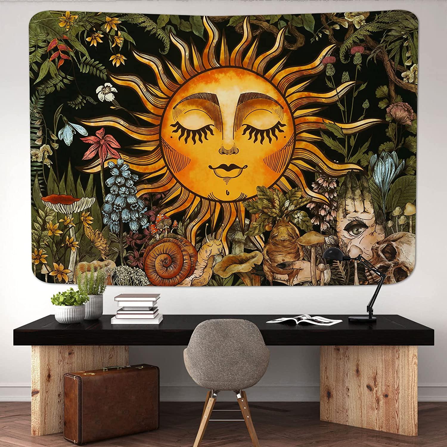 Burning Sun Tapestry Vintage Floral Tapestry Plants and Leaves Tapestries Mystic Hippie Tapestry Snail and Skull Tapestry Wall Hanging for Room(51.2 x 59.1 inches) - Decotree.co Online Shop