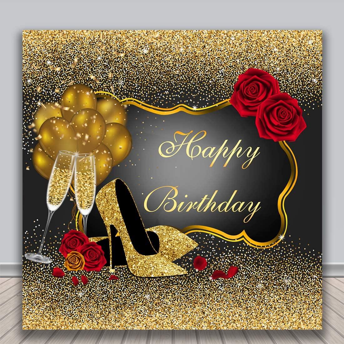 Happy Birthday Backdrop Glitter Gold Red Rose Floral Golden Balloons Heels Champagne Glass Background - Decotree.co Online Shop