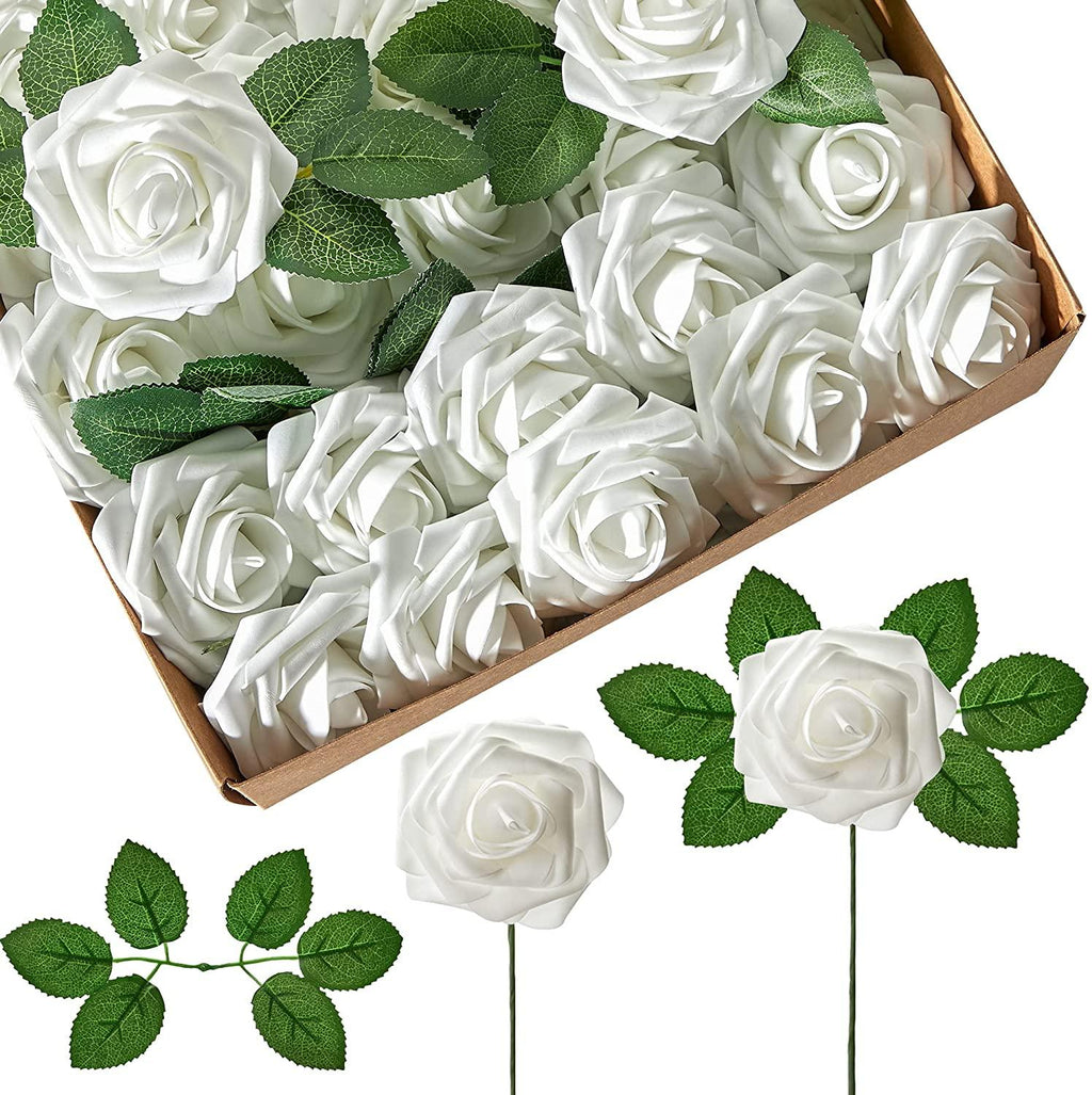 White Foam Fake Roses with Stems for DIY Wedding Bouquets Baby Shower Centerpieces Floral Arrangements Party Decorations - Decotree.co Online Shop