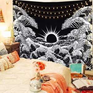 Great Wave Tapestry Sunset Tapestry Ocean Wave Tapestry Black and White Tapestry Wall Hanging for Room(59.1 x 59.1 inches) - Decotree.co Online Shop
