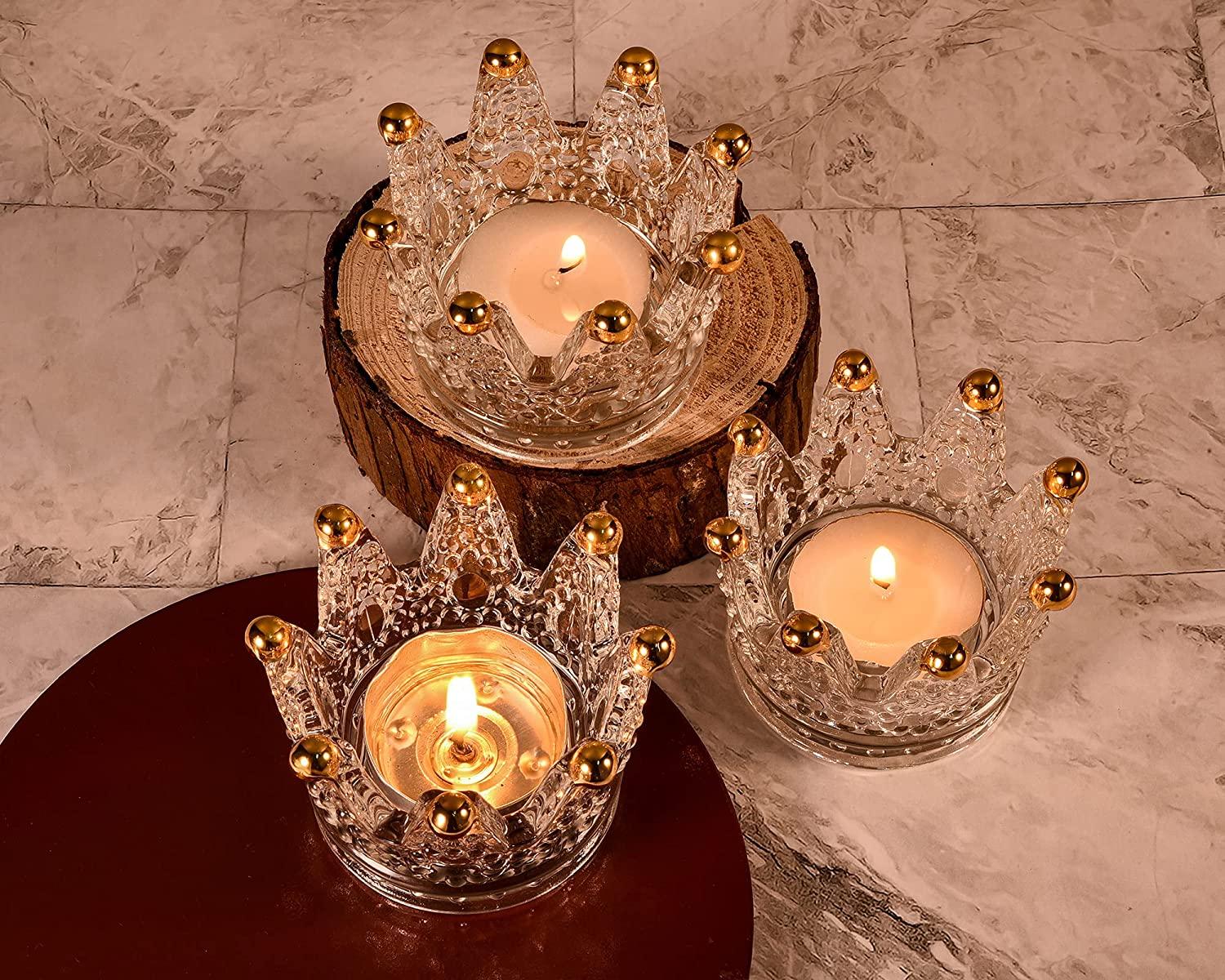 Crown Glass Crystal Tealight Candle Holder Decorative Set of 6, Ashtray Candle Holder, Glass Votive Candle Holders - Decotree.co Online Shop
