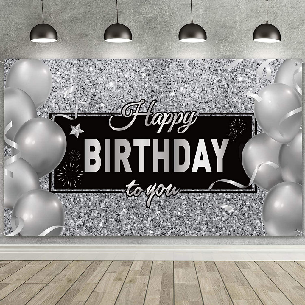 Silver Happy Birthday Banner Backdrop Silver Birthday Party Decorations Black White Balloons - Decotree.co Online Shop