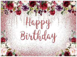 7x5ft Burgundy Red Floral Birthday Backdrop Rose Gold Glitter Blush Happy Birthday Party Supplies - Decotree.co Online Shop