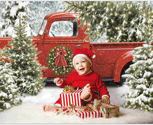 Christmas Red Truck Backdrop Winter Snowy Forest Tree Background - Decotree.co Online Shop