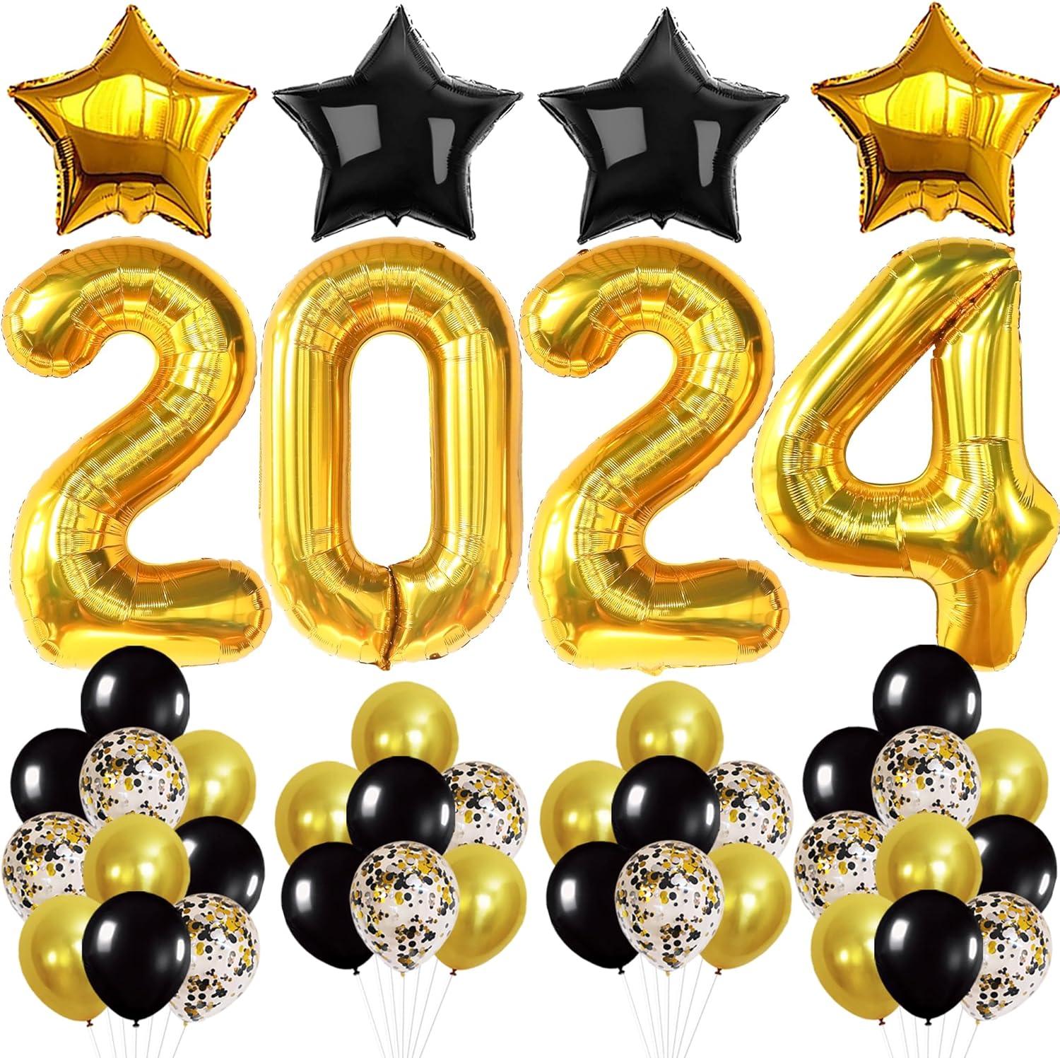  Gold 2024 Happy New Year Party Balloons, Large Mylar