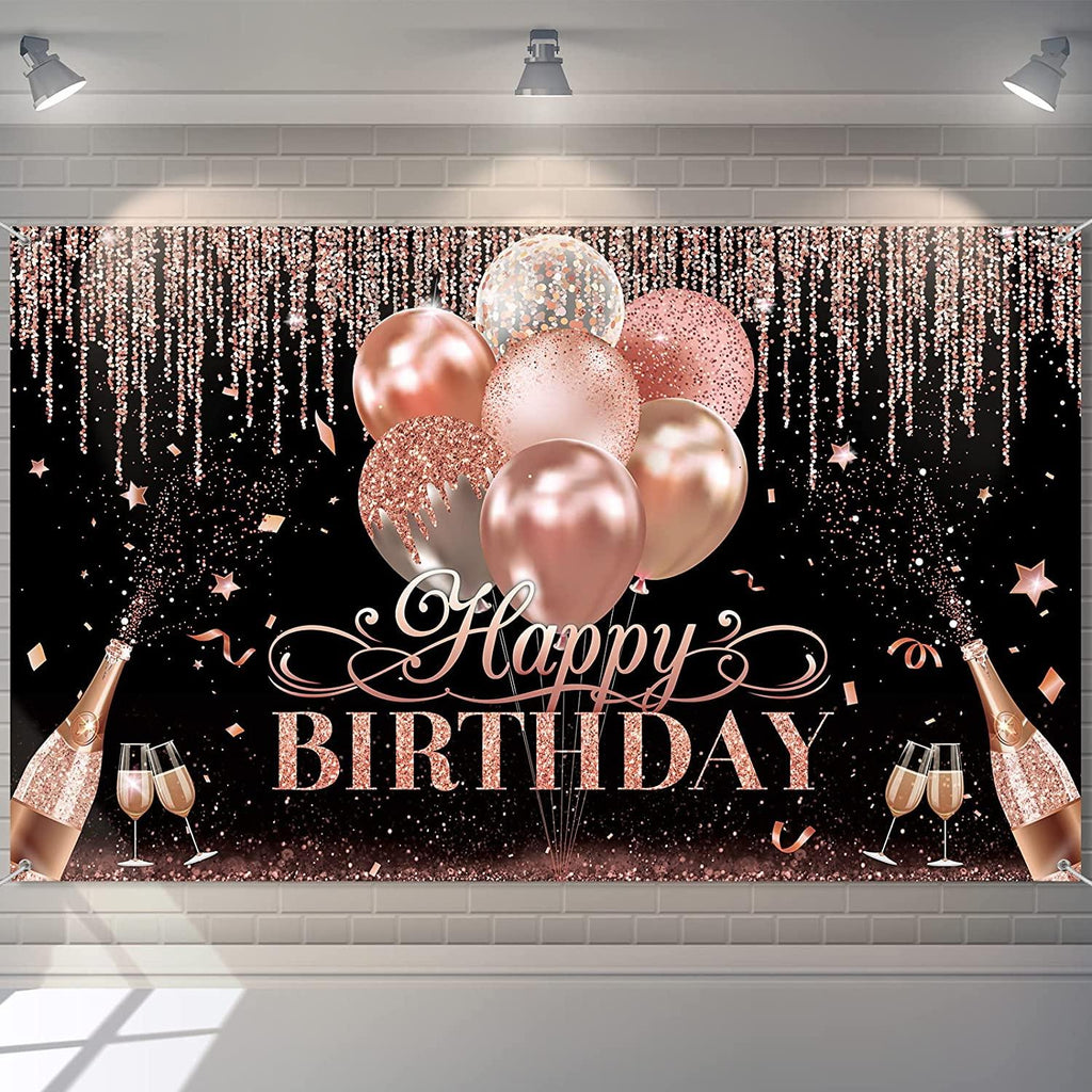 Black Silver Rose Gold Happy Birthday Party Decorations Glitter Balloon Birthday Party Backdrop for Women - Decotree.co Online Shop