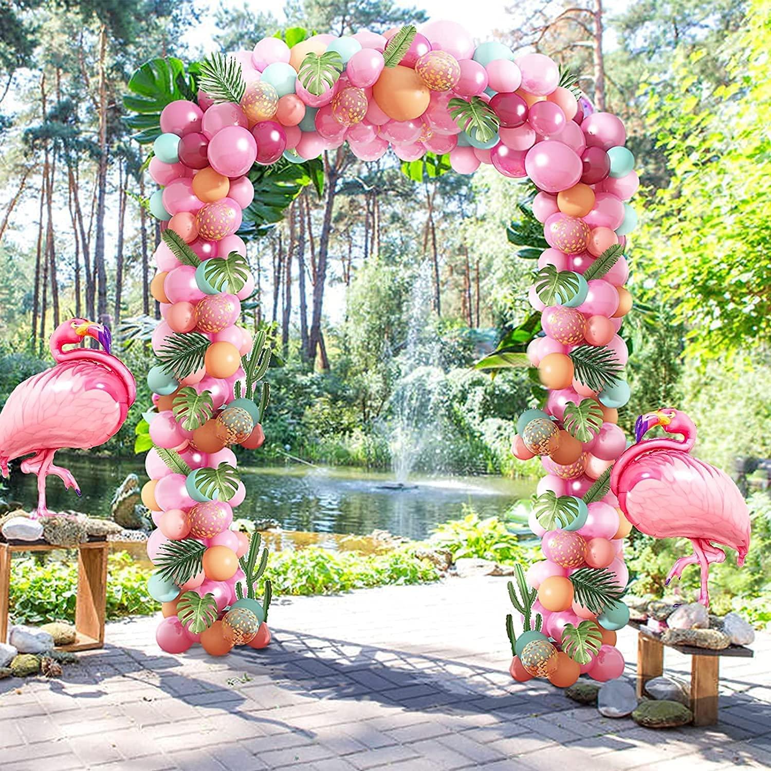 113pcs Flamingo Balloons Garland Kit, Pink Green Gold Confetti Balloons with Palm Leaves for Baby Shower Birthday - Decotree.co Online Shop