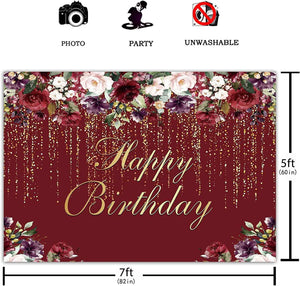 Happy Birthday Party Backdrop Burgundy Red Flowers Golden Glitter Floral Photography Background - Decotree.co Online Shop