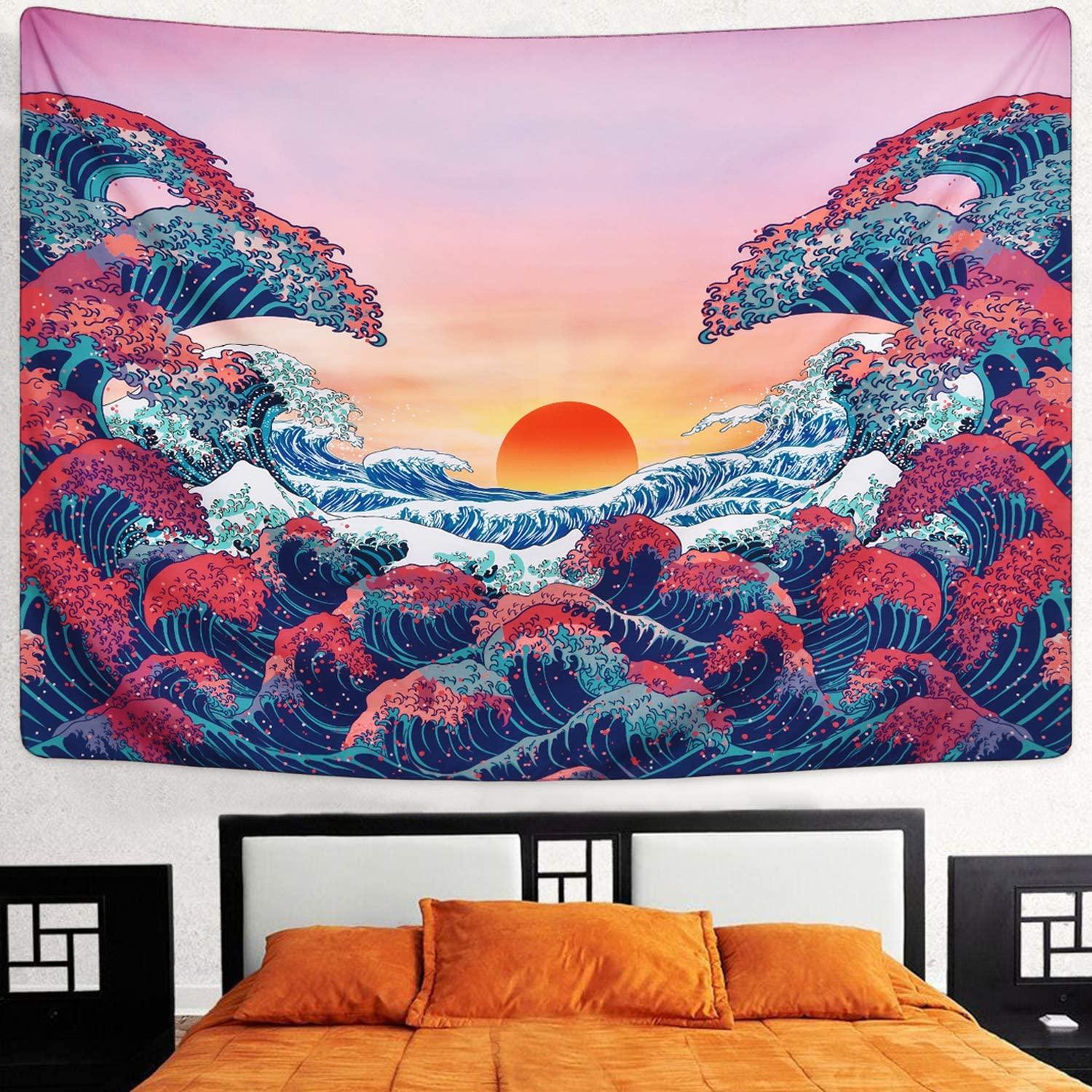 Ocean Wave Tapestry Sunset Tapestry 3D Great Wave Tapestry Japanese Tapestry for Room - Decotree.co Online Shop