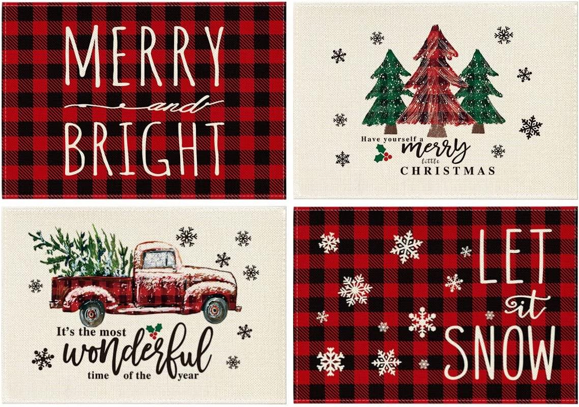Merry and Bright Buffalo Plaid Christmas Placemats for Dining Table, 12 x 18 Inch Seasonal Watercolor Rustic Vintage Washable Table Mats Set of 4 - Decotree.co Online Shop