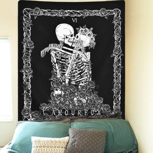 Skull Tapestry The Kissing Lovers Tapestry Black Tarot Tapestry Human Skeleton Tapestry for Room - Decotree.co Online Shop