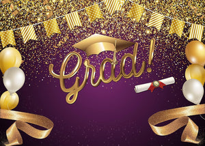 2023 Class Graduation Backdrop for Photography Gold and Purple Bachelor Cap Balloon Grad Congrats Party - Decotree.co Online Shop