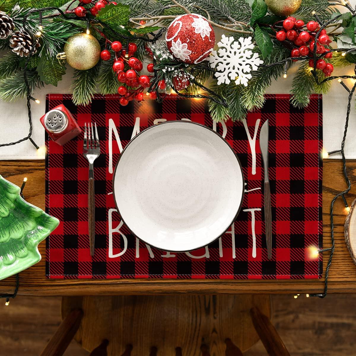 Merry and Bright Buffalo Plaid Christmas Placemats for Dining Table, 12 x 18 Inch Seasonal Watercolor Rustic Vintage Washable Table Mats Set of 4 - Decotree.co Online Shop