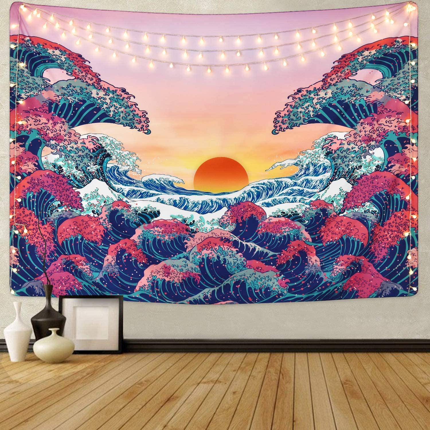 Ocean Wave Tapestry Sunset Tapestry 3D Great Wave Tapestry Japanese Tapestry for Room - Decotree.co Online Shop