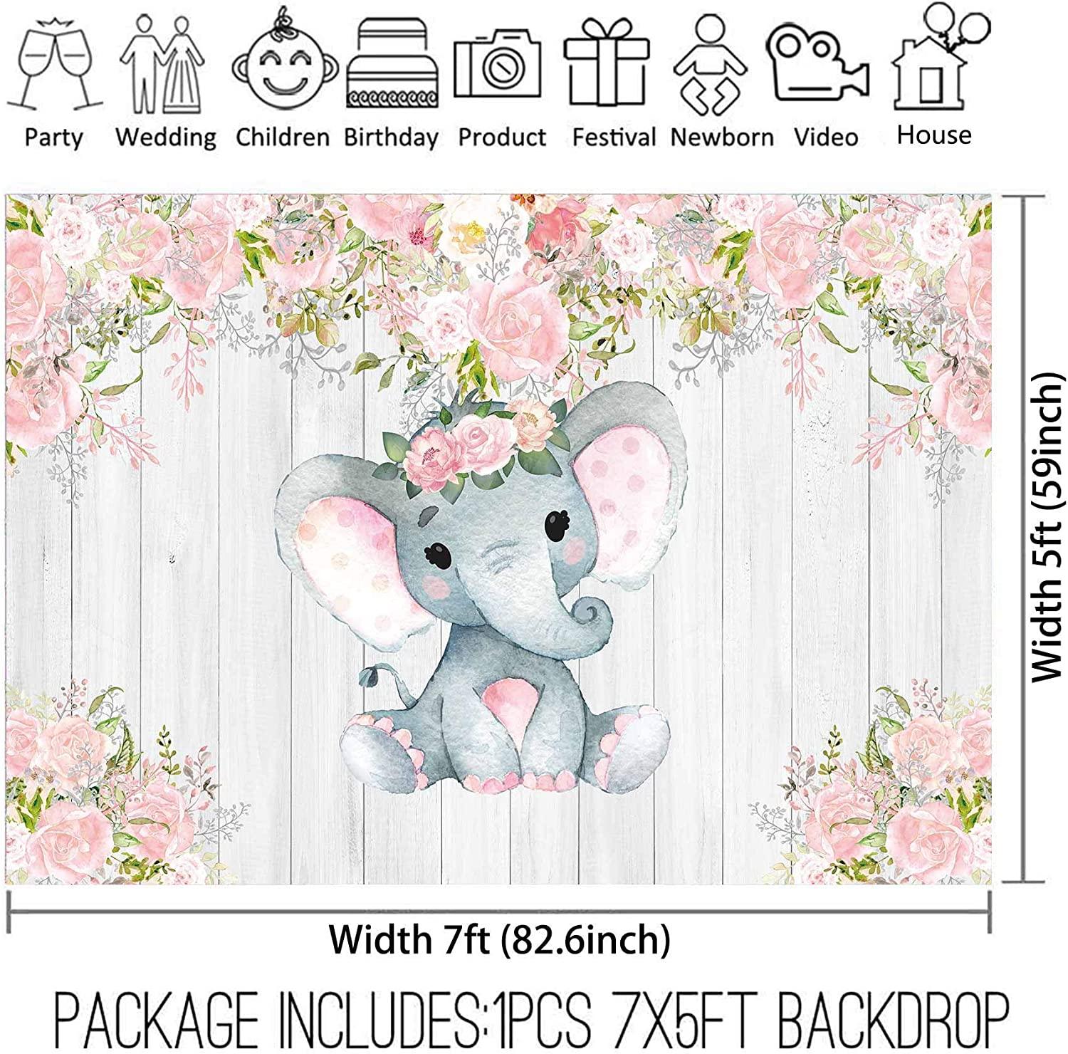 7x5ft Rustic White Wood Elephant Backdrop Supplies for Baby Shower Pink Floral It's a Girl Newborn Kids Birthday Party Decorations - Decotree.co Online Shop