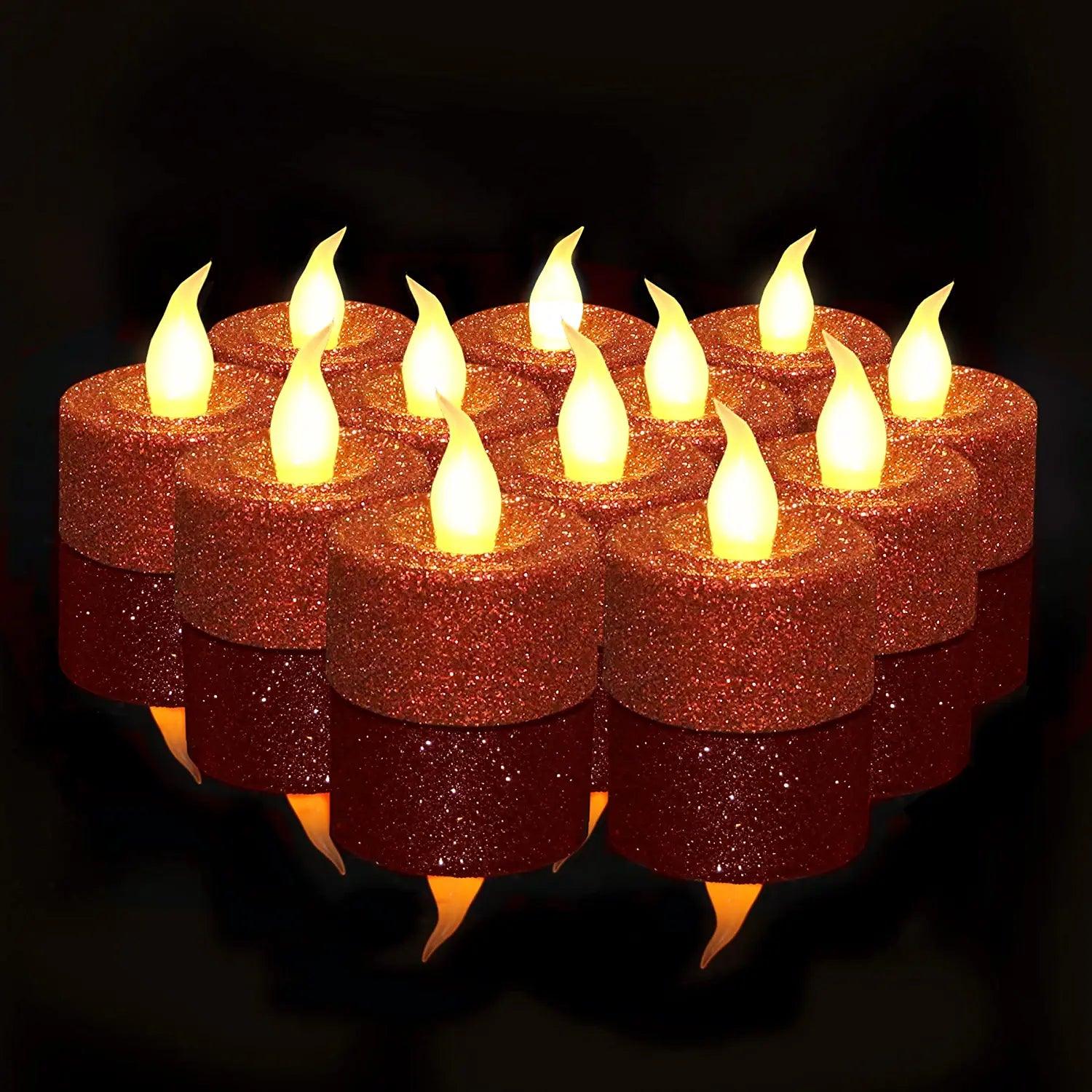 12pcs LED Glittery Candles Battery Operated Tea Lights with Built-In 6/18 Timer for Parties - Decotree.co Online Shop