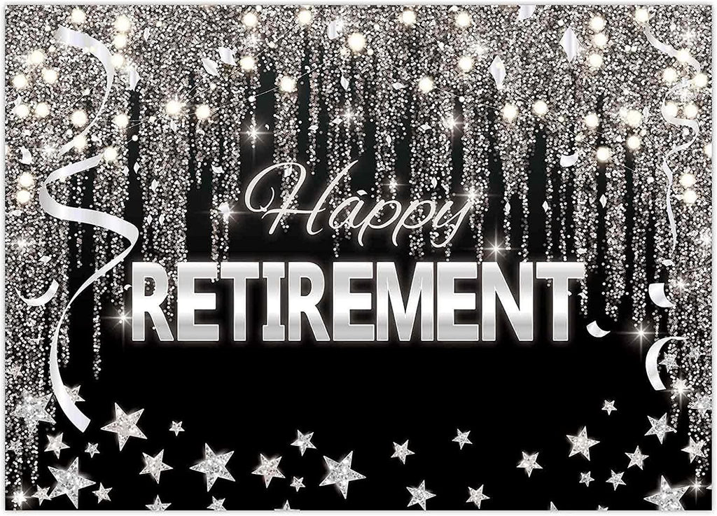 7X5FT Happy Retirement Backdrop Black and Silver Glitter Shiny Stars Background - Decotree.co Online Shop