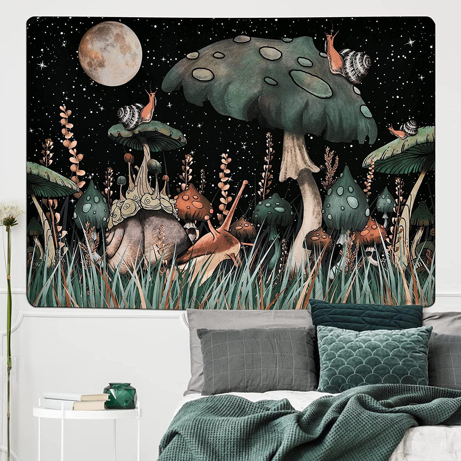 Mushroom Tapestry Moon and Stars Tapestry Snail Tapestry Fantasy Plants and Leaves Tapestry Wall Hanging for Room - Decotree.co Online Shop
