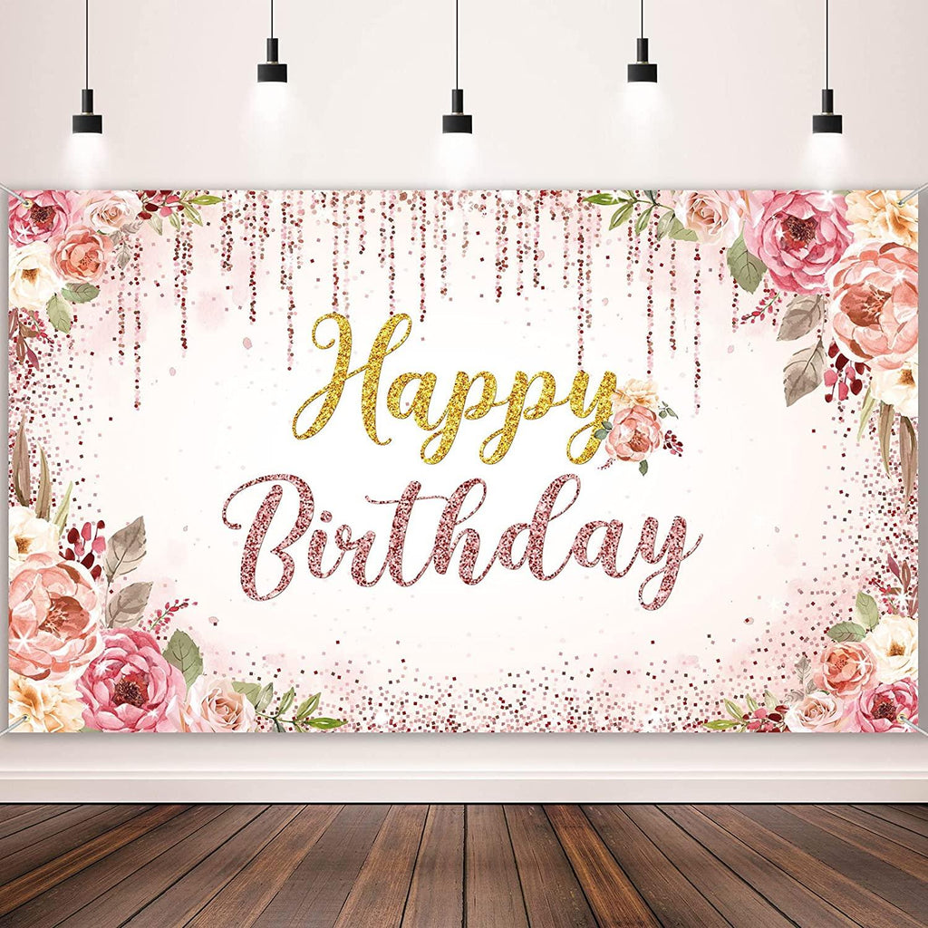 Rose Gold Happy Birthday Backdrop Decorations for Women Pink and Gold Background - Decotree.co Online Shop