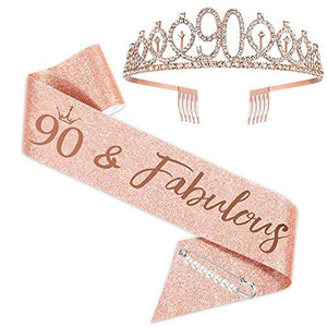 90th Birthday Sash and Tiara for Women, Rose Gold Birthday Sash Crown 90 & Fabulous Sash and Tiara for Women, 90th Birthday Gifts for Happy 90th Birthday Party Favor Supplies - Decotree.co Online Shop