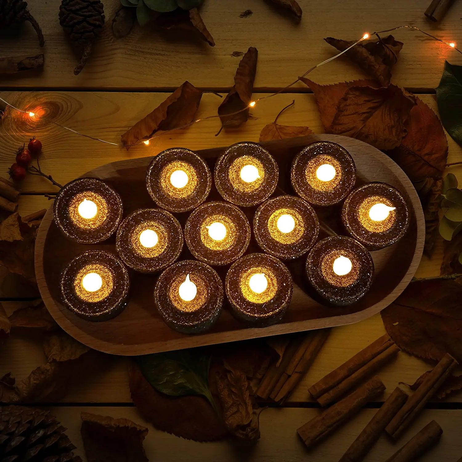 12pcs LED Glittery Candles Battery Operated Tea Lights with Built-In 6/18 Timer for Parties - Decotree.co Online Shop