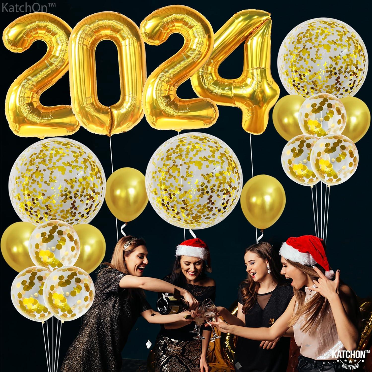 2024 Happy New Year Party Decorations, Gold 2024 Balloons, New Years Gold  Balloons Decorations, New Year Party Banner Photo Backdrop 