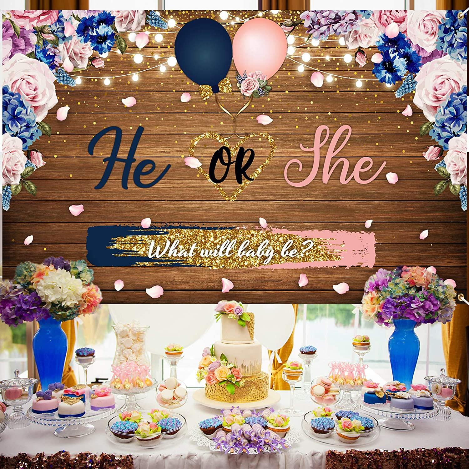 Gender Reveal Decorations Backdrop Banner He or She What Will Baby be Wooden Baby Gender Photography Background - Decotree.co Online Shop