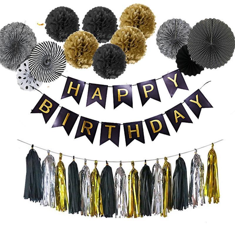 Birthday Party Banner Balloons Decoration - Black Gold Birthday Decorations Party Supplies - Happy Birthday Banner, Confetti Balloons, Foil Heart - Decotree.co Online Shop