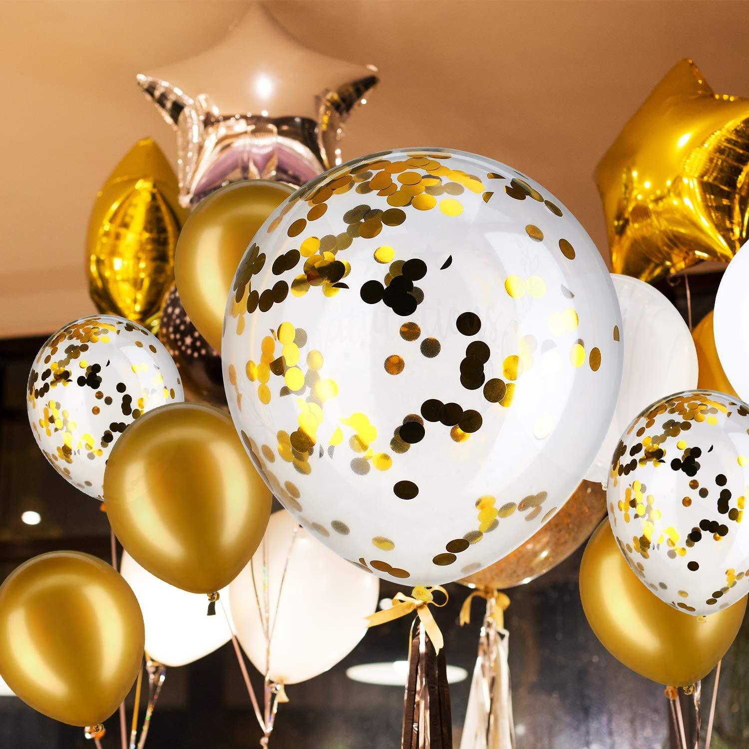 Rose Gold Confetti Latex Balloons, 60 pcs 12 inch White Metallic Gold Party Balloon with 33 Ft Ribbon - Decotree.co Online Shop