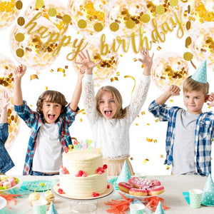 Gold Birthday Party Decorations Set - Gold Glitter Happy Birthday Banner, Circle Dots Garland, Gold Confetti Balloons, Metallic Party Photo Backdrop - Decotree.co Online Shop