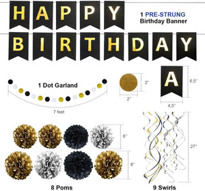 Happy Birthday Banner Kit - Happy Birthday Decorations - 1 Bday Banner, 9 Swirls, 8 Pom Poms Flowers, 1 Dots Garland - Birthday Party Decorations - Decotree.co Online Shop