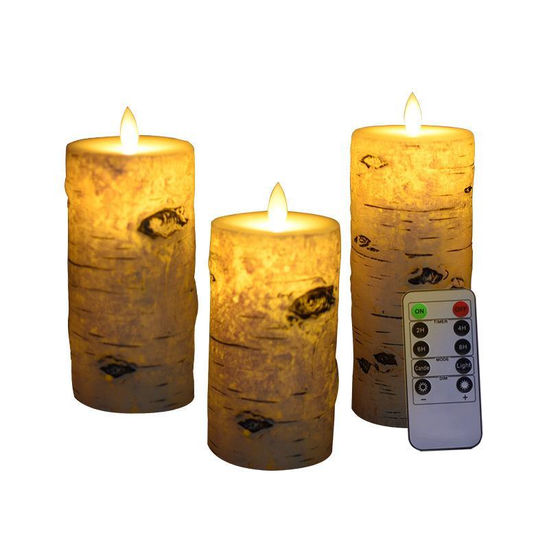 Remote Control Real Looking LED Wax Candles, Rustic Candles 3 Pack in Gift Box / Made from Real Wax Brick Bark Pattern - Decotree.co Online Shop