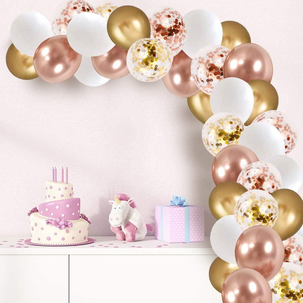 60 pcs 12 inch White Metallic Gold Party Balloon with 33 Ft Rose Gold Ribbon - Decotree.co Online Shop