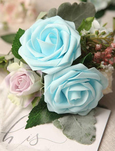 Artificial Flowers Real Looking Aqua Blue Foam Fake Roses with Stems for DIY Wedding Bouquets - Decotree.co Online Shop